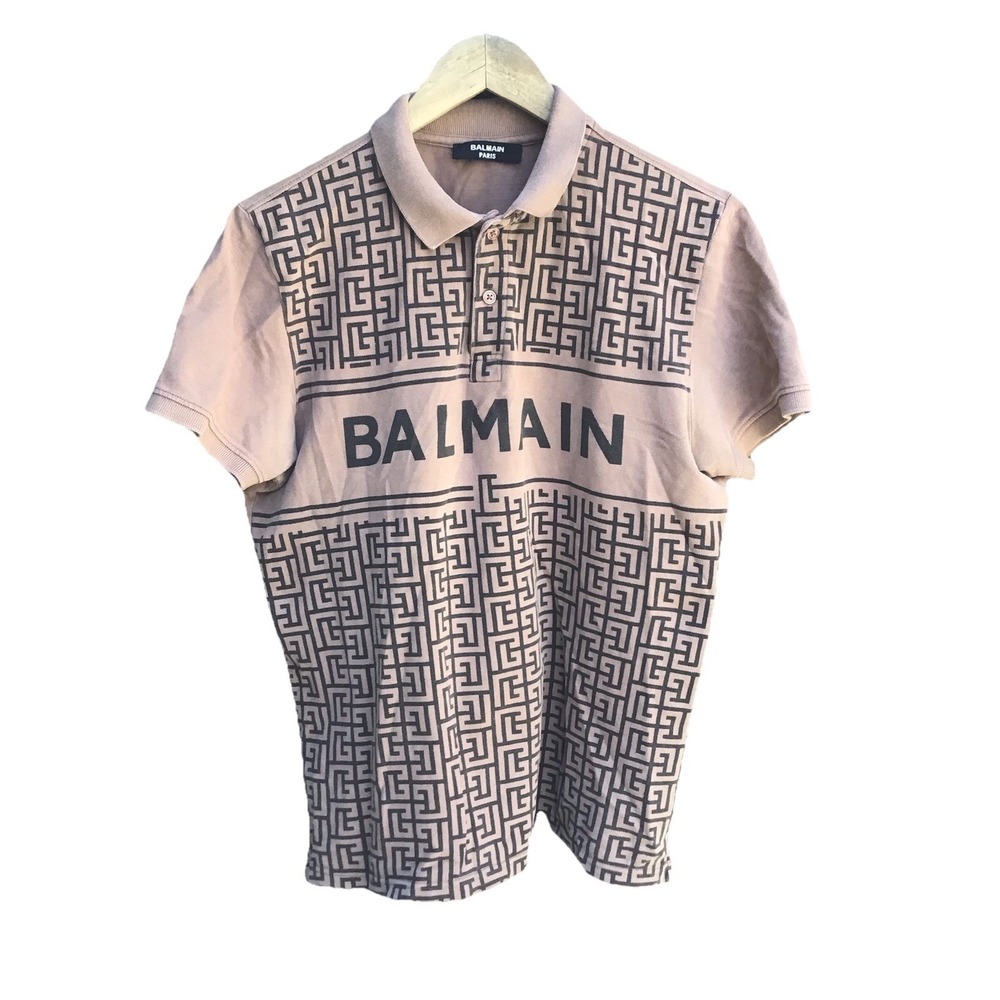 Balmain Paris Monogram Logo Polo Shirt Mens Medium Brown Designer Luxury Tee